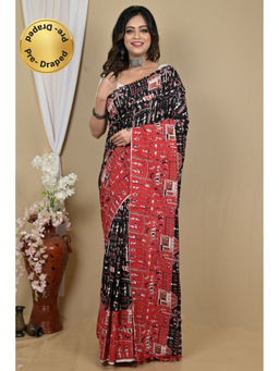 DipDiya - Black Red Pure Cotton Kalamkari Printed Saree with Unstitched Blouse