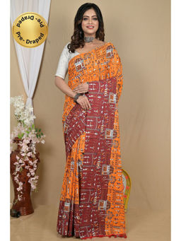 DipDiya - Yellow Brown Pure Cotton Kalamkari Printed Saree with Unstitched Blouse
