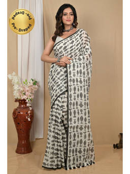 DipDiya - Achdik White Pure Cotton Traditional Bengali Kalamkari Printed Saree without Blouse