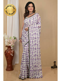 DipDiya - Achdik White Pure Cotton Traditional Bengali Kalamkari Printed Saree without Blouse
