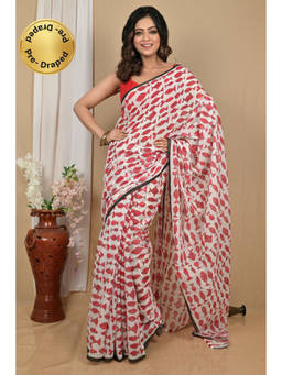DipDiya - Achdik White Pure Cotton Traditional Bengali Kalamkari Printed Saree without Blouse