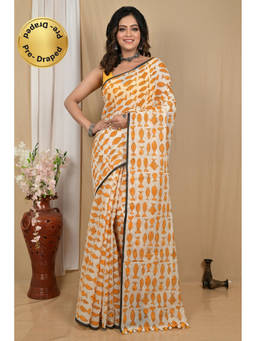 DipDiya - Achdik White Pure Cotton Traditional Bengali Kalamkari Printed Saree without Blouse