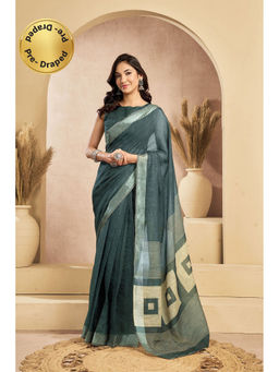 Elora - Dark Grey Linen Self Weaved Printed Pre Draped Saree With Unstitched Blouse