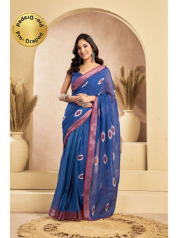 Elora - Dark Blue Linen Abstract Printed Pre Draped Saree With Unstitched Blouse