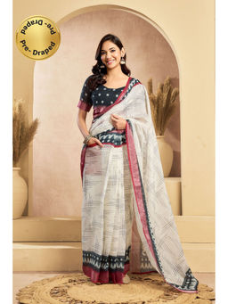 Elora - Off White Linen Striped Printed Pre Draped Saree With Unstitched Blouse