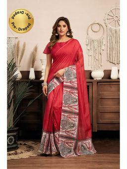 Elora - Red Linen Plain Printed Pre Draped Saree With Unstitched Blouse