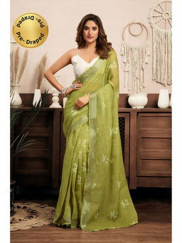Elora - Light Olive Linen Motifs Printed Pre Draped Saree With Unstitched Blouse