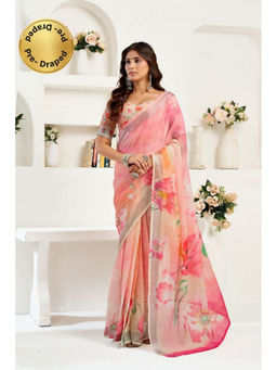 Elora - Peach Linen Floral Printed Pre Draped Saree With Unstitched Blouse