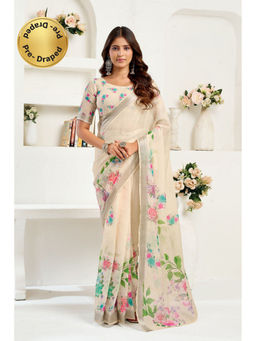 Elora - Off White Linen Floral Printed Pre Draped Saree With Unstitched Blouse