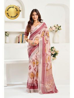 Elora - Light Pink Linen Printed Pre Draped Saree With Unstitched Blouse