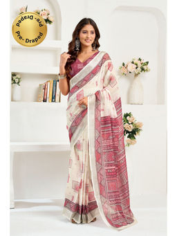 Elora - Off White Linen Geometric Printed Pre Draped Saree With Unstitched Blouse