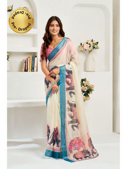 Elora - Off White Linen Elephant Printed Pre Draped Saree With Unstitched Blouse