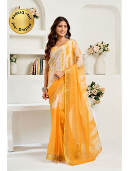 Elora - Yellow and White Linen Printed Pre Draped Saree With Unstitched Blouse