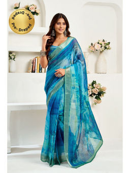 Elora - Blue Linen Abstract Printed Pre Draped Saree With Unstitched Blouse