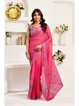 Elora - Pink Linen Bird Motifs Printed Pre Draped Saree With Unstitched Blouse