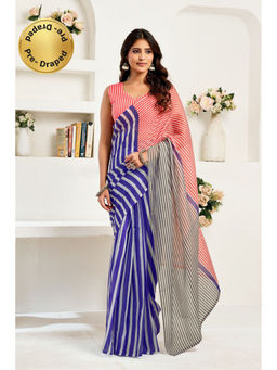 Elora - Blue and White Linen Striped Pre Draped Saree With Unstitched Blouse