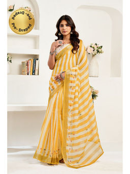 Elora - Yellow and White Linen Striped Pre Draped Saree With Unstitched Blouse