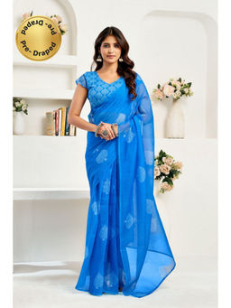Elora - Sky Blue Linen Leaf Motifs Printed Pre Draped Saree With Unstitched Blouse
