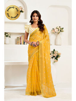 Elora - Yellow Linen Floral Printed Pre Draped Saree With Unstitched Blouse
