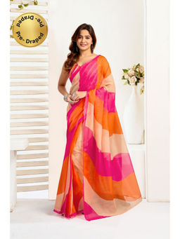 Elora - Multicolor Linen Color Blocked Pre Draped Saree With Unstitched Blouse
