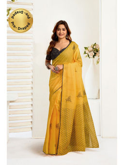Elora - Mustard Yellow Linen Printed Pre Draped Saree With Unstitched Blouse