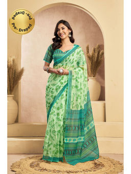 Elora - Light Green Linen Floral Printed Pre Draped Saree With Unstitched Blouse