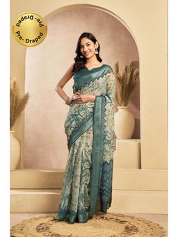 Elora - Teal Linen Floral Printed Pre Draped Saree With Unstitched Blouse