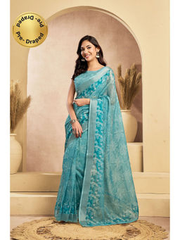 Elora - Light Blue Linen Floral Printed Pre Draped Saree With Unstitched Blouse