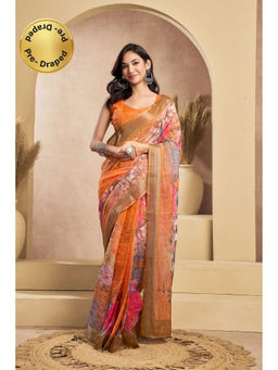 Elora - Orange Linen Floral Motifs Printed Pre Draped Saree With Unstitched Blouse
