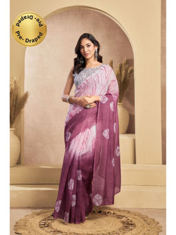 Elora - Wine Linen Bandhani Printed Pre Draped Saree With Unstitched Blouse