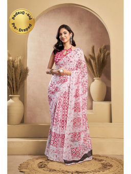 Elora - Pink and White Linen Printed Pre Draped Saree With Unstitched Blouse