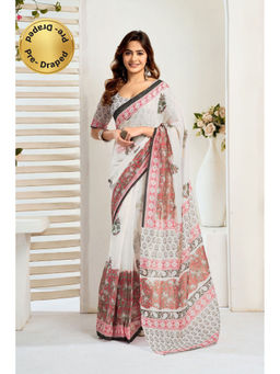 Elora - White Linen Floral Pre Draped Saree With Unstitched Blouse