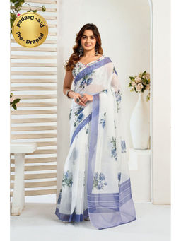 Elora - White Floral Printed Pre Draped Saree With Unstitched Blouse