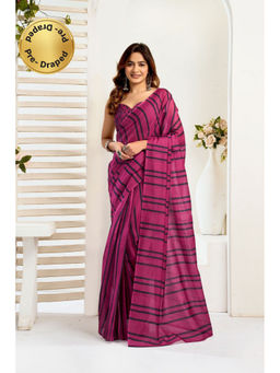 Elora - Magenta Linen Striped Printed Pre Draped Saree With Unstitched Blouse