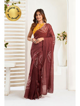 Elora - Maroon Linen Floral Printed Pre Draped Saree With Unstitched Blouse