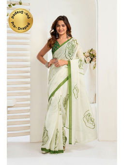 Elora - White Linen Floral Printed Pre Draped Saree With Unstitched Blouse