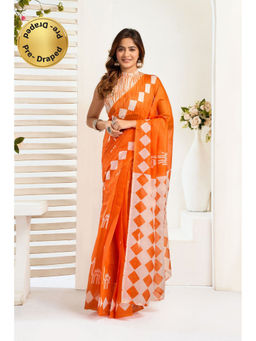 Elora - Orange Linen Checked Printed Pre Draped Saree With Unstitched Blouse