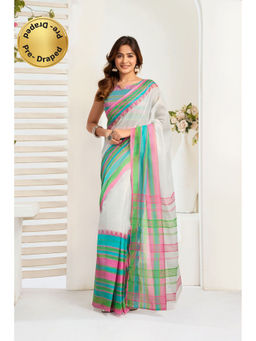 Elora - White Linen Striped Printed Pre Draped Saree With Unstitched Blouse