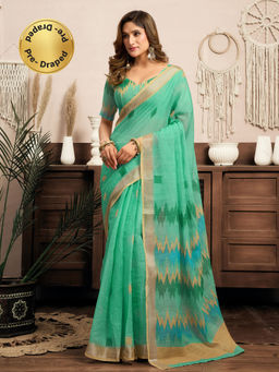 Elora - Linen Ikkat Printed Pre-draped Teal Saree with Unstitched Blouse
