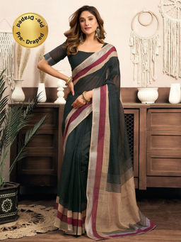 Elora - Linen Solid Printed Pre-draped Black Saree with Unstitched Blouse