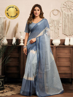 Elora - Linen Striped Printed Pre-draped Cream Saree with Unstitched Blouse