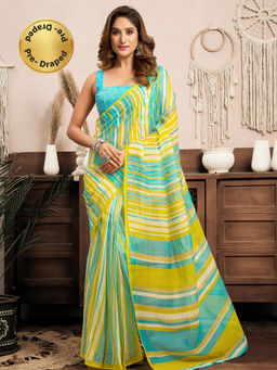Elora - Linen Striped Leheriya Printed Pre-draped Yellow Saree with Unstitched Blouse