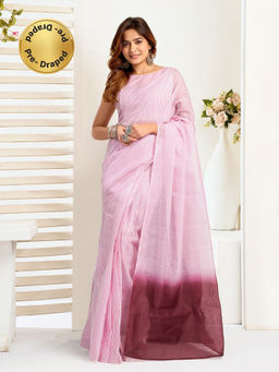 Elora - Linen Striped Printed Pre-draped Pink Saree with Unstitched Blouse
