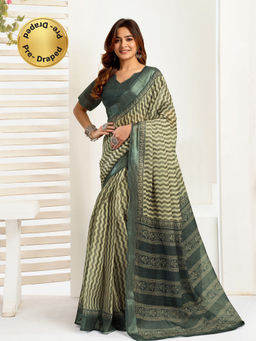 Elora - Linen Zig Zag Printed Pre-draped Cream Saree with Unstitched Blouse