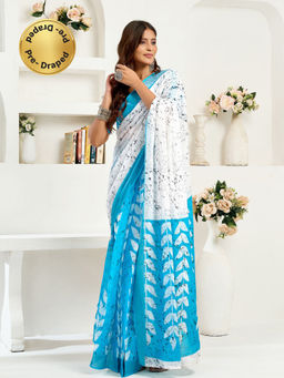 Elora - Linen Leaf Printed Pre-draped White Saree with Unstitched Blouse