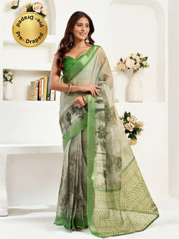 Elora - Linen Floral Printed Pre-draped Green Saree with Unstitched Blouse