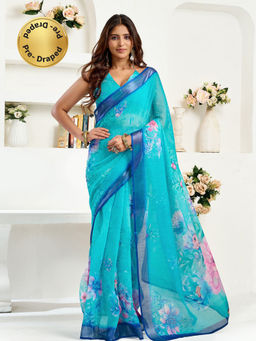 Elora - Linen Floral Printed Pre-draped Turquoise Saree with Unstitched Blouse