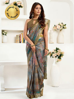 Elora - Linen Floral Printed Pre-draped Green Saree with Unstitched Blouse