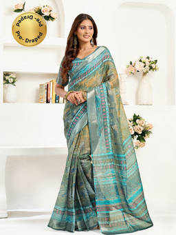 Elora - Linen Ethnic Motifs Printed Pre-draped Teal Saree with Unstitched Blouse