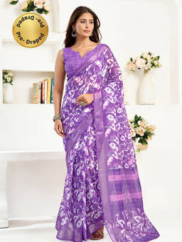 Elora - Linen Floral and Bird Printed Pre-draped Purple Saree with Unstitched Blouse